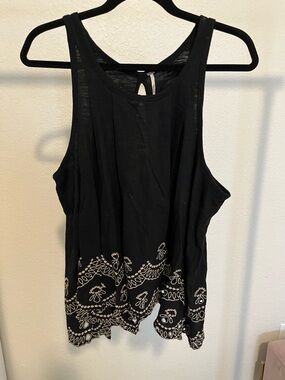 Free People Black Tank Top with White Embroidered Hem